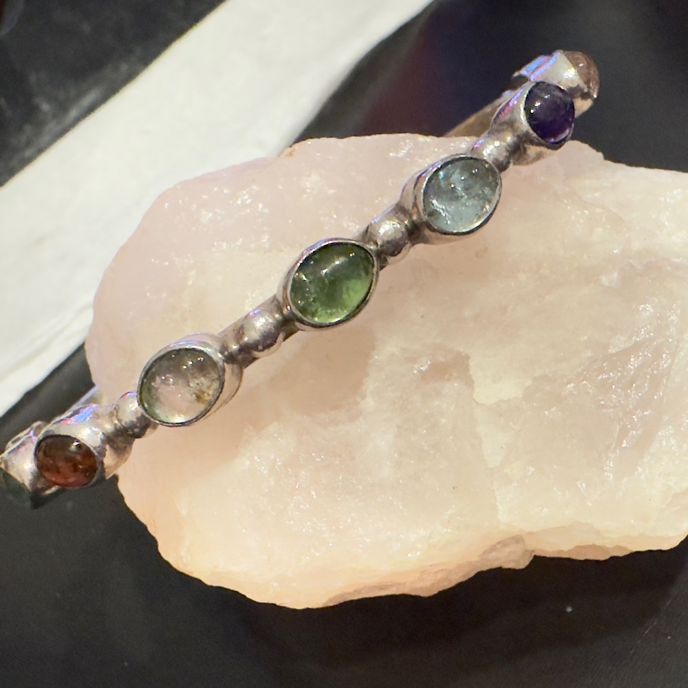 Vintage Designer Signed Colorful Gemstone Sterling Silver Cuff Bracelet
